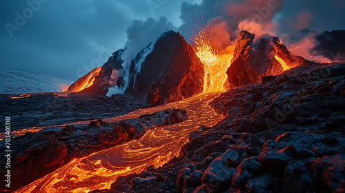 Cinematic portrayal of a volcano eruption, with a focus on the bright lava and dynamic ash clouds. © Alex