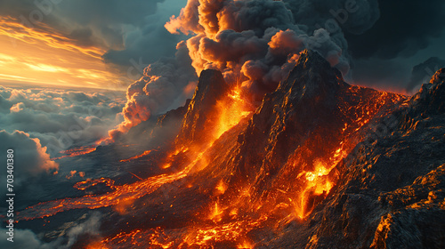 Cinematic portrayal of a volcano eruption, with a focus on the bright lava and dynamic ash clouds.