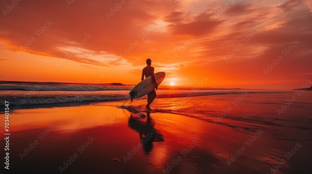 Man with surfboard walking on beach at sunset