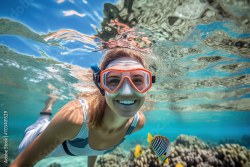 Happy woman snorkeling over coral reef in sunlight