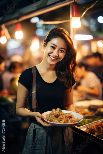 Young woman holding food plate at bustling street market © Photocreo Bednarek
