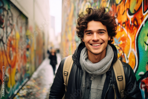 Happy young man with backpack in graffiti alley