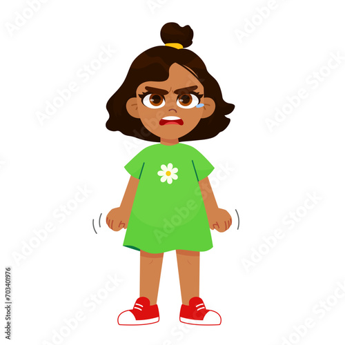 Vector illustration of a very angry girl girl standing in a pose, arms crossed, with a disgruntled look on her face. aggressive children 
