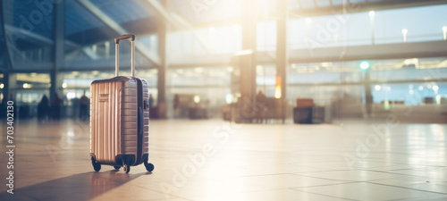 Suitcases in airport terminal waiting area, airplane background, summer vacation Tourist journey trip concept