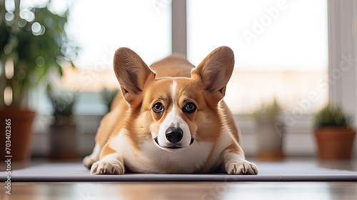  Corgi dog doing downward facing dog yoga pose while sitting on a mat on a light background.