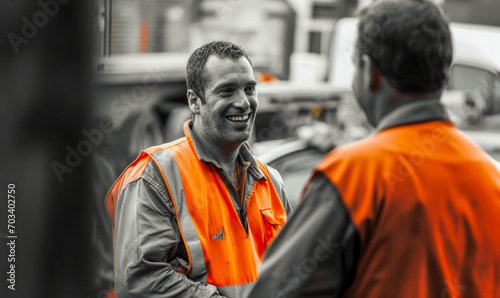 Workers in high-vis vests share a smile, perfect for themes of teamwork and workplace camaraderie.