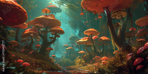 A fantasy mushroom forest, vivid colours