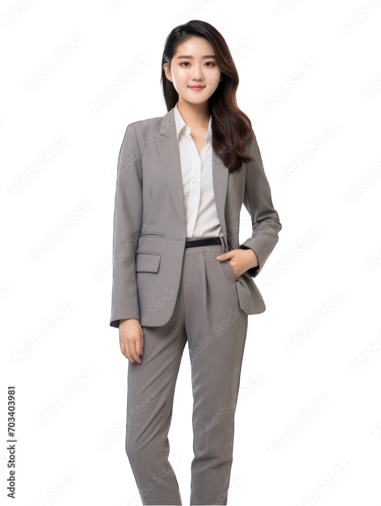 Young businesswoman in a grey suit, standing confidently with hands on hips Young businesswoman in a grey suit, standing confidently with hands on hips
