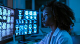 Focused healthcare professional analyzing MRI scans on monitors in a dark lab setting. Ideal for medical and tech themes.