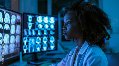 Focused healthcare professional analyzing MRI scans on monitors in a dark lab setting. Ideal for medical and tech themes. photo