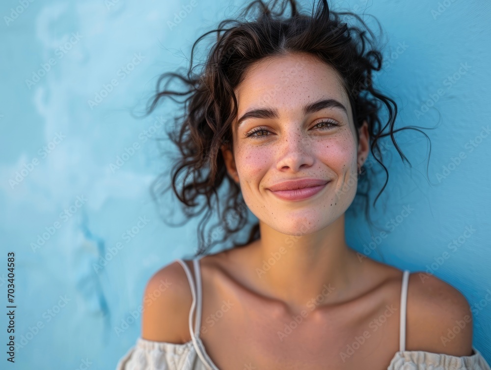 Beautiful woman smiling on blue background Beautiful woman smiling on blue background