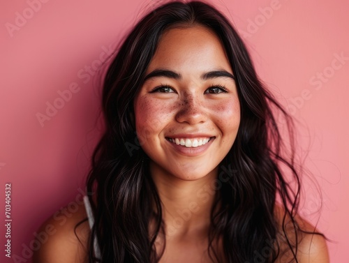 Beautiful woman smiling on pink background