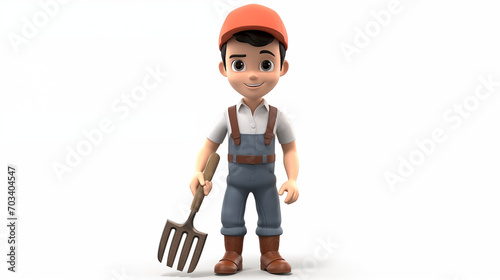 3D cartoon man wear farmer uniform hold harrow in white background
