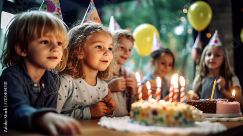 Happy children in birthday party caps stand at a table on which there is a cake with burning candles in a plate. In the background there is a garden and balloons. Children s party concept