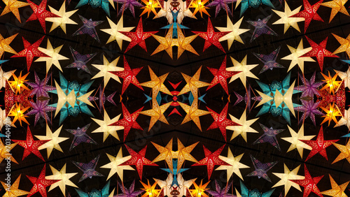 Abstract colorful kaleidoscopic pattern with bright glowing christmas stars