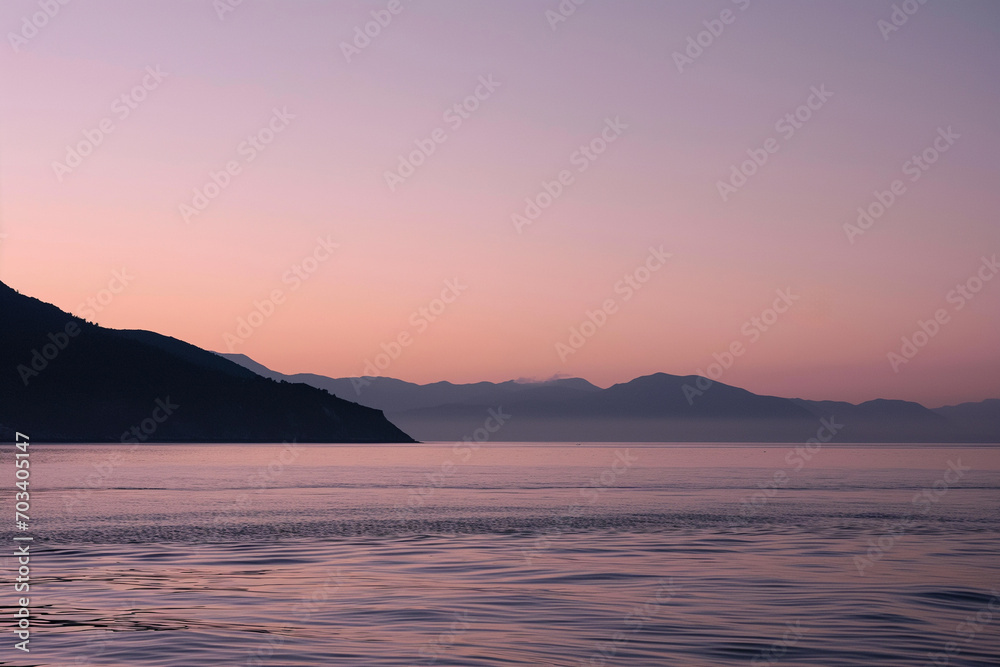 Peach fuzz, color of the year 2024, Serene Twilight Scene with Calm Sea and Mountains Against Gradient Sky