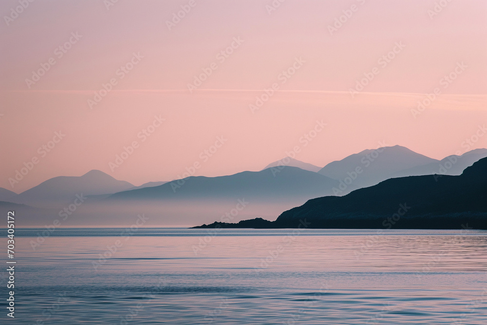 Peach fuzz, color of the year 2024, Serene Twilight Scene with Calm Sea and Mountains Against Gradient Sky