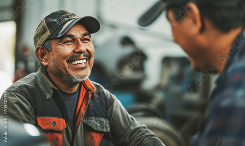 Happy mechanic enjoying a light moment with a colleague in a workshop. Ideal for themes of teamwork, job satisfaction, and skilled trades. photo