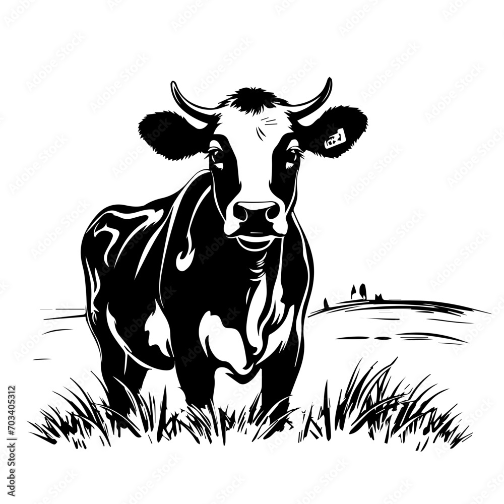 Grazing Cow on Green Grass Vector