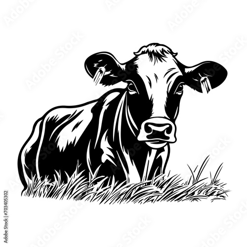 Grazing Cow on Green Grass Vector