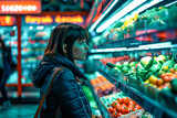 Woman shopping for fresh produce in a vibrant grocery aisle. Ideal for lifestyle and consumer themes.