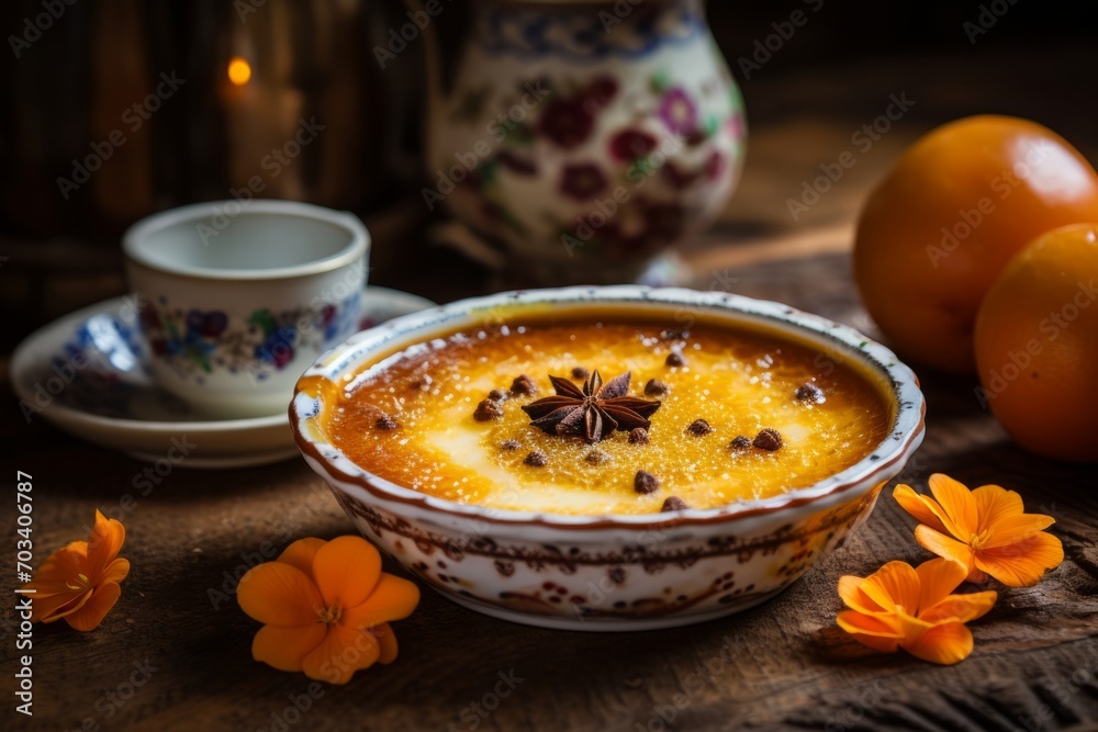 Creme brulee traditional French vanilla cream dessert with aniseed on rustic kitchen Creme brulee traditional French vanilla cream dessert with aniseed on rustic kitchen