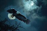A bald eagle is captured mid-flight against the backdrop of a serene moonlit night