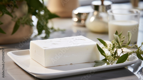  A bar of natural soap rests on a white dish against a backdrop of soft-focus home decor, symbolizing organic and gentle cleaning.