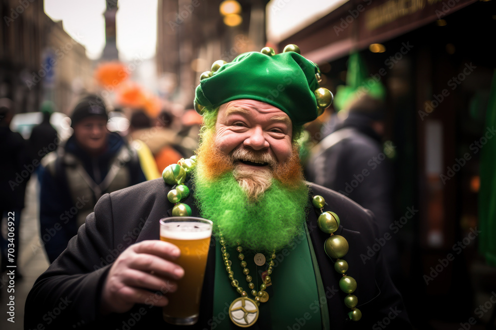 Man in festive St. Patrick's Day costume holding beer Man in festive St. Patrick's Day costume holding beer