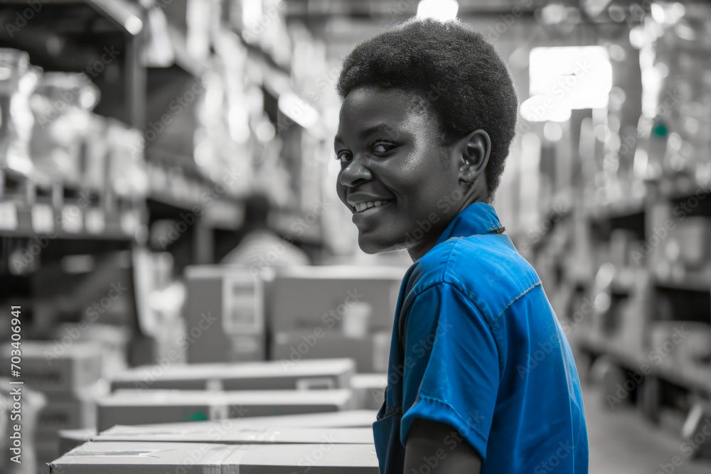 Smiling woman in blue working in a warehouse, monochrome background highlighting positive industrial workflow. Smiling woman in blue working in a warehouse, monochrome background highlighting positive industrial workflow.