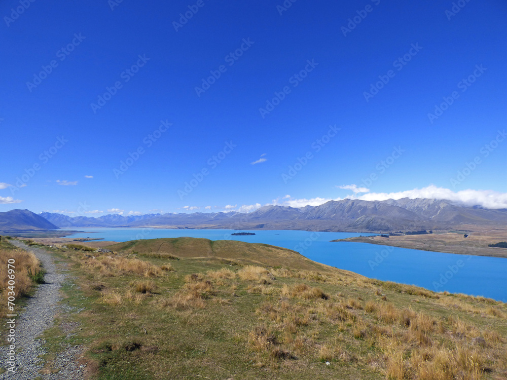 Lake Tekapo viewed from Mt. John Observatory. Clear blue waters in the summer. New Zealand South Island, Aoraki National park. Mountains in the background.