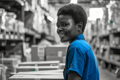 Smiling woman in blue working in a warehouse, monochrome background highlighting positive industrial workflow.