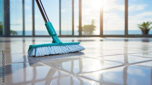 Wallpaper Mural A broom rests on a shiny tiled floor, the light from the window casting reflections and highlighting the cleanliness of the space. Torontodigital.ca