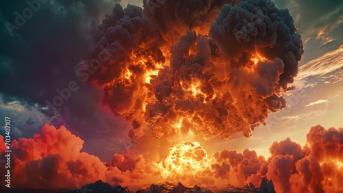 A dramatic large nuclear explosion mushroom cloud fire ball, explosive destruction theme photo
