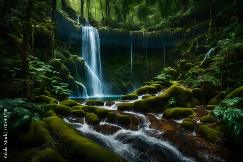 Step into the realm of imagination with a super realistic stock photo portraying an enchanting landscape where Many waterfalls intertwine with plastic roads in the forest
