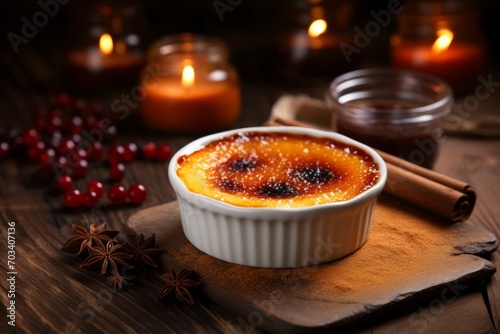 Creme brulee traditional French vanilla cream dessert on wooden board, rustic style photo