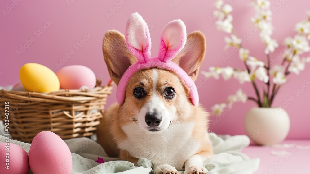 lovely puppy  with Easter eggs in cute room, Easter holiday pet portrait background, Generative Ai