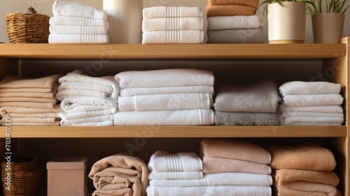  Shelves stocked with neatly arranged towels and wicker baskets create an atmosphere of orderly calm in a well-organized linen closet. © Liana
