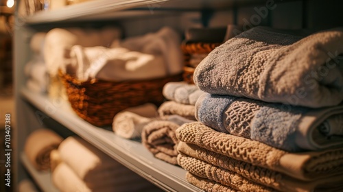 A close-up of towels and baskets on wooden shelving, illustrating the beauty of clean linens and organized home storage solutions.
