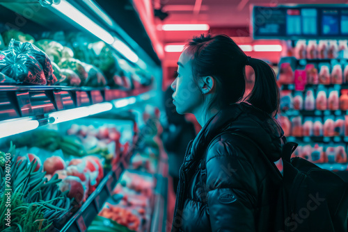 Customer shopping for groceries in a neon-lit store, selecting fresh produce, modern urban lifestyle concept.