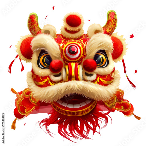 Vibrant Chinese lion dance head with intricate designs, ideal for festive graphics. Transparent PNG for easy layering in projects.