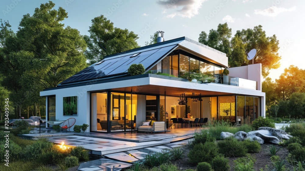 Modern house with big windows and solar panels Modern house with big windows and solar panels