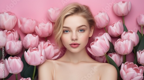 A close-up portrait of a beautiful young blonde model girl with blue eyes looking at the camera against a background of pink tulips. Spring  beauty  youth  skin care concepts.