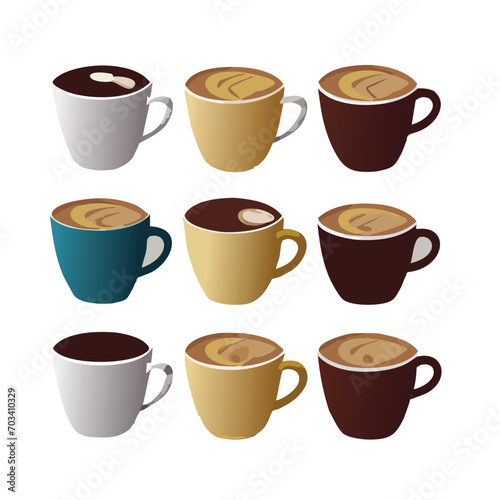 coffee cup set with different color hot drink. Black coffee  cappuccino  espresso  macchiato  mocha side view. Vector illustration