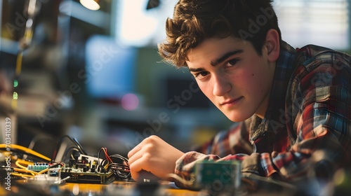 A young male student engaged in building a robotic circuit at a well-lit tech lab bench.