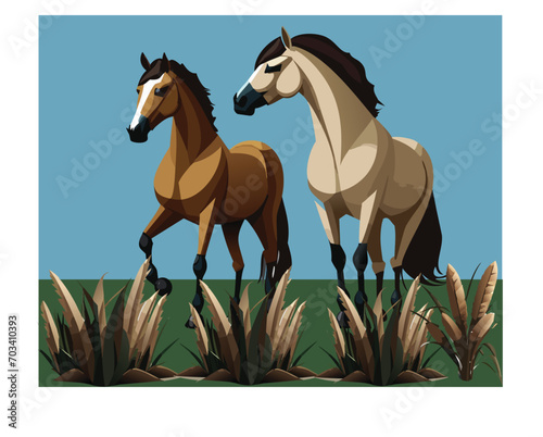 two horses  perspective view flat style colorful vector illustration.