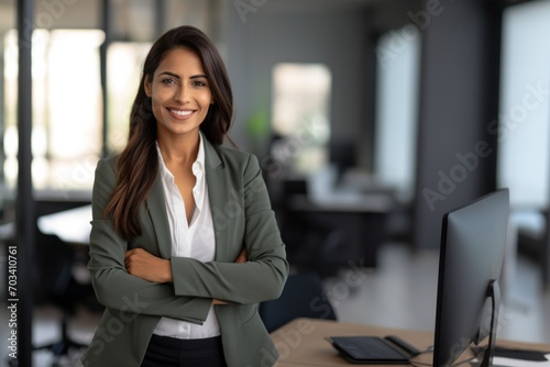 Closeup portrait, young professional, beautiful confident woman in blue shirt, arms crossed folded, smiling isolated indoors office background. Positive human emotions #703410761