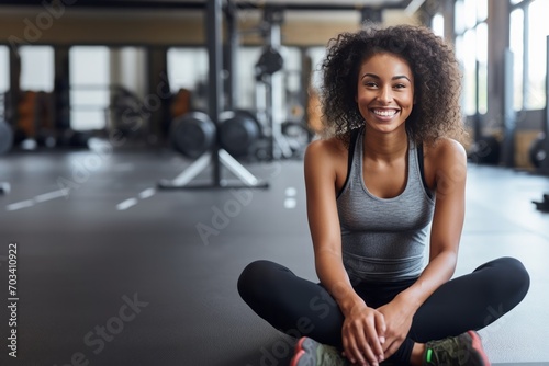 Gym, portrait or happy black woman on break after a workout, exercise or training for fitness. Funny, smile or healthy sports girl or female African athlete smiling or relaxing photo
