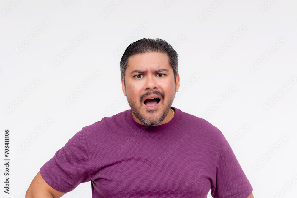Facial reaction of a middle aged man realizing he has been bamboozled and scammed. Isolated on a white background. Facial reaction of a middle aged man realizing he has been bamboozled and scammed. Isolated on a white background.
