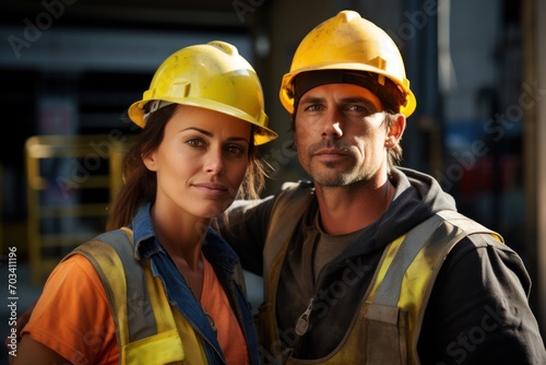 Photograph of two site construction workers in uniform.